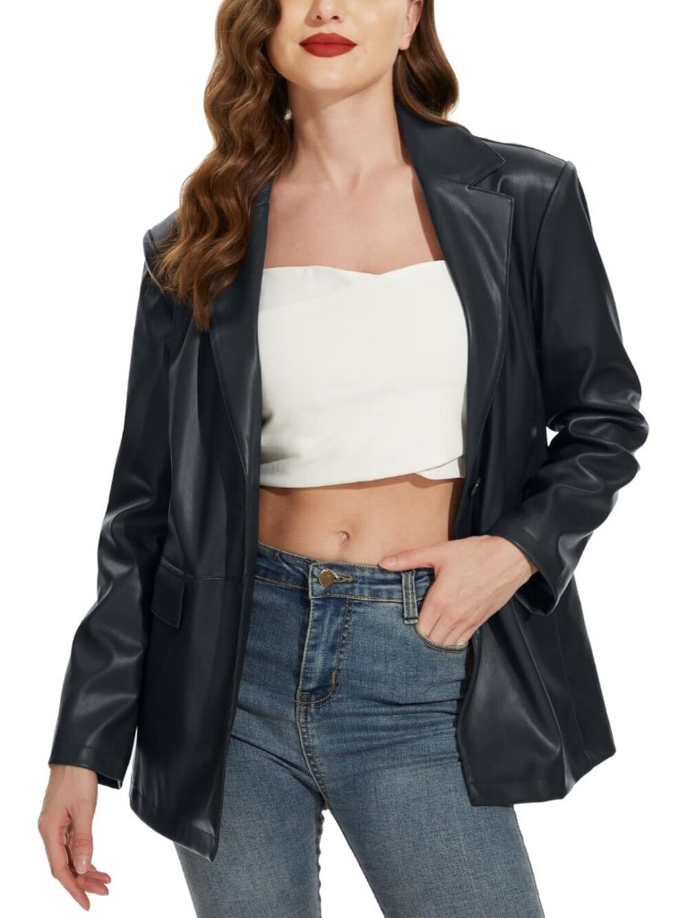 Women's Faux Leather Blazer Jacket Oversized Casual Coat, S-XXL